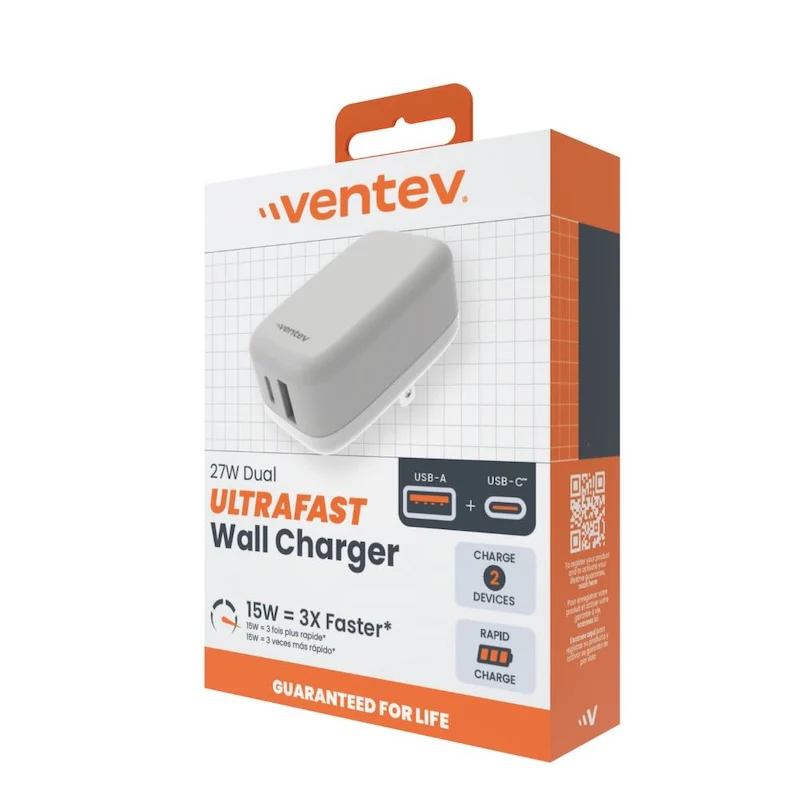 ADAPTADOR VENTEV DE PARED 27W 2 PUERTOS USB-A / USB-C WHITE - Image 2