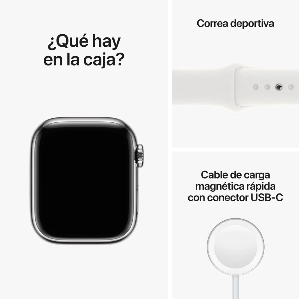 Apple Watch Series 8 (GPS + Cellular) - Caja de acero inoxidable en plata de 41 mm - Correa deportiva blanca - Talla única - Image 9